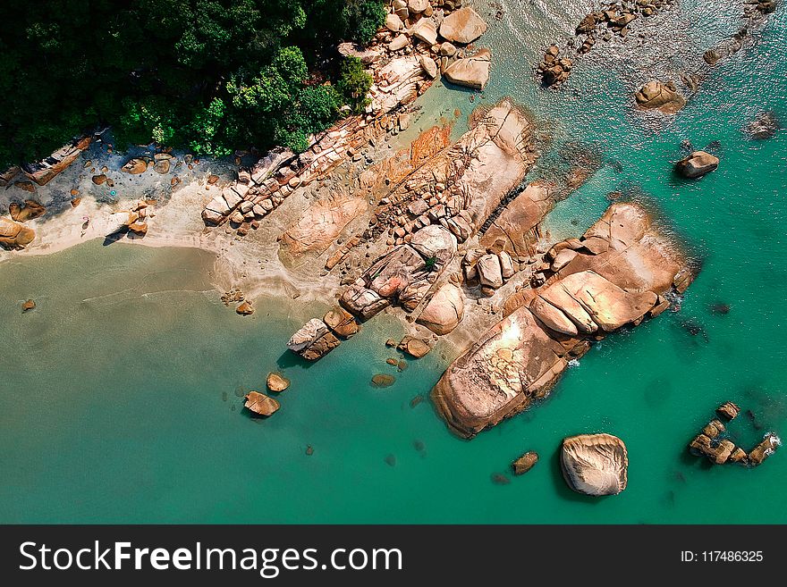 Aerial Photography of Brown Rocky Shoreline