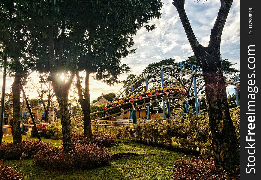 Roller Coaster Ride Near Trees Under Blue Clouds