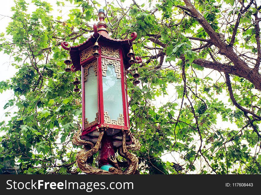 Red and Brown Light Post Under Green Leaf Tree
