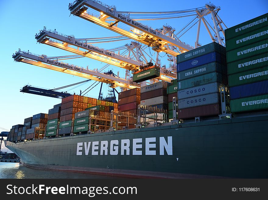 Green and Gray Evergreen Cargo Ship