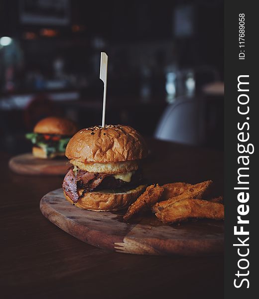 Burger On Brown Wooden Tray