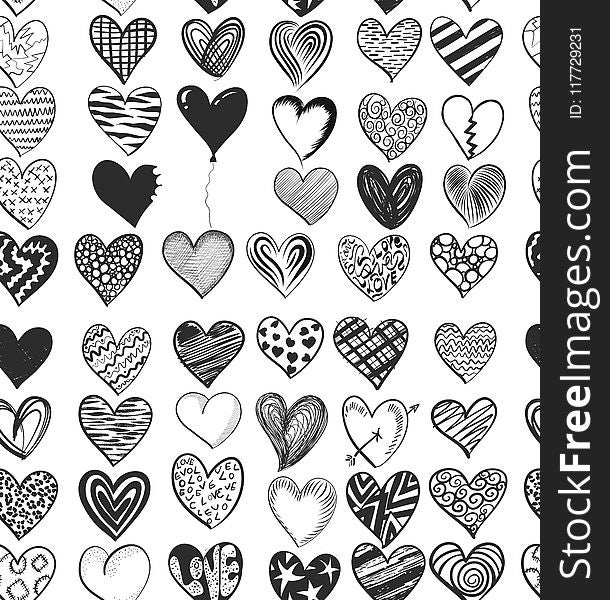 Black And White, Pattern, Heart, Design