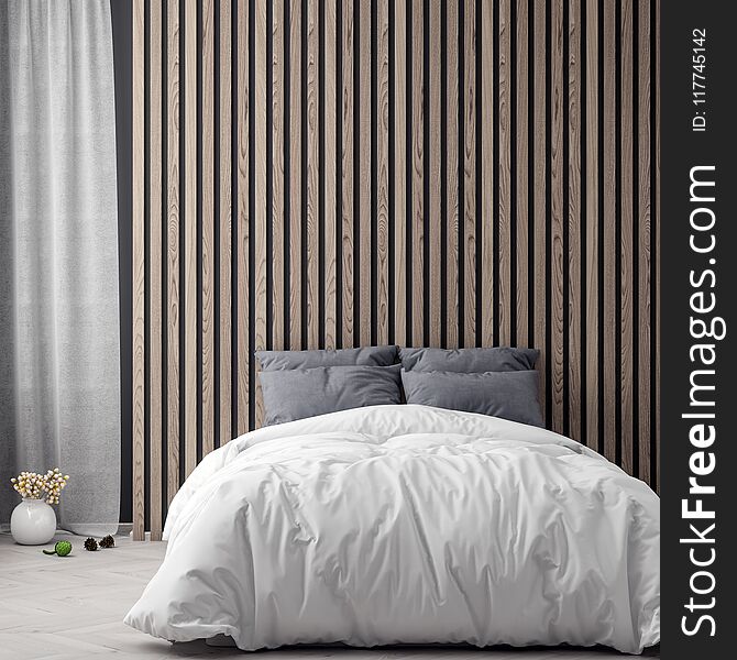 Mock up poster in bedroom interior background with wood wall planks, 3D illustration.