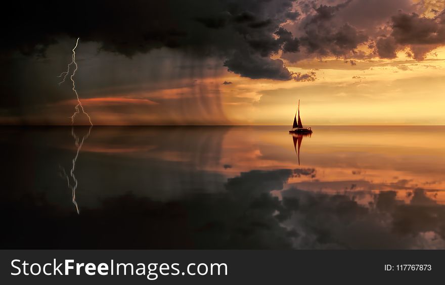 Silhouette Photography Of Boat On Water During Sunset