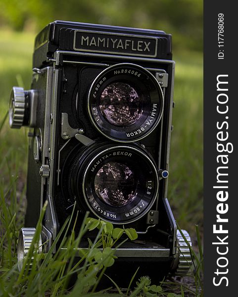 Closeup of Mamiya Flex Twin-lens Camera on Grass