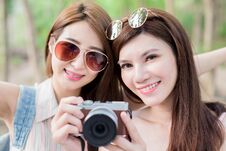 Two Beauty Woman Go Travel Stock Image
