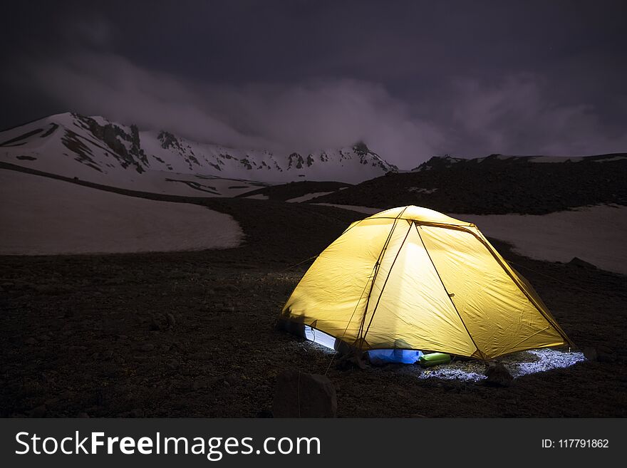 Tents Of Tourists Are Located At The Foot Of Mount Erciyes In Central Turkey