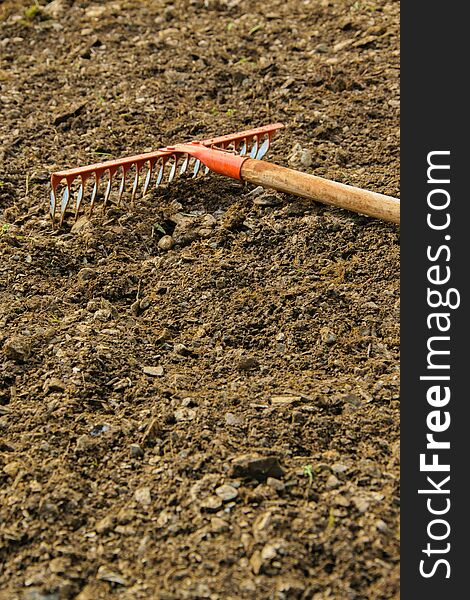 Rake in the soil, gardening/agricultural working tool