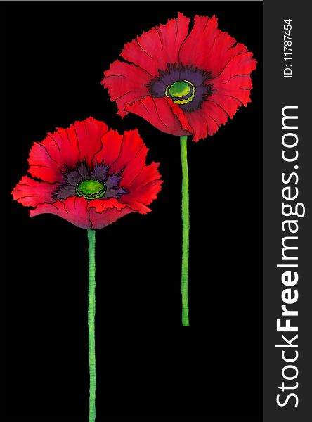 Red painting poppy on black background. Red painting poppy on black background