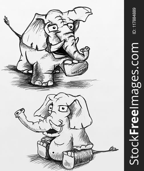 Elephants And Mammoths, Cartoon, Black And White, Elephant