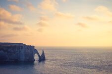 Golden Hour At Etretat Cliff , A Commune In The Seine-Maritime Department In The Normandy Region Of North France Royalty Free Stock Image