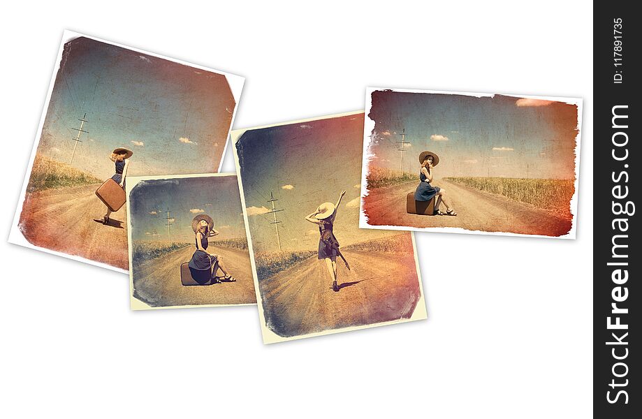 Collage of an old images of a young girl with suitcase on white background. Collage of an old images of a young girl with suitcase on white background