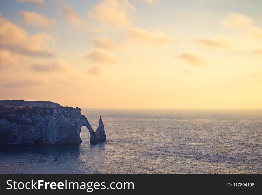 Golden hour at Etretat cliff , a commune in the Seine-Maritime department in the Normandy region of north France