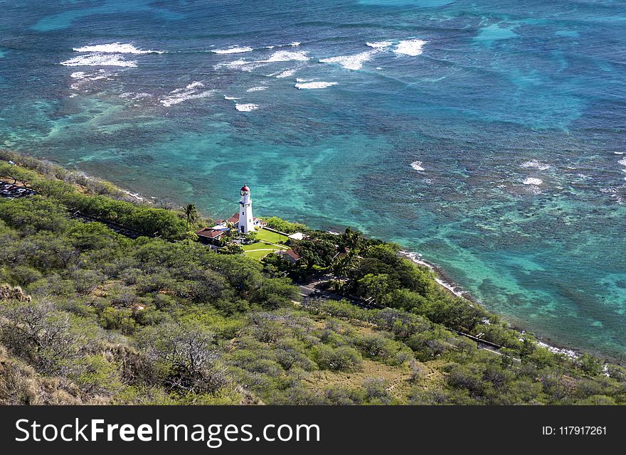 Aerial Photo Of White Lighthouse Near Beach And Trees