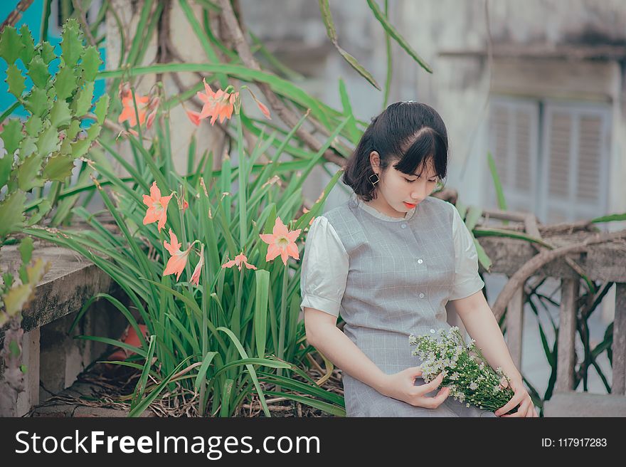 Woman Sitting Beside Pink Petaled Flower While Holding Bouquet Of Flower