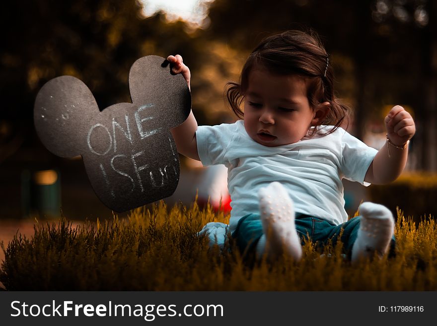 Baby Wearing Blue Shirt Holding Mickey Mouse Head Cutout Sitting on Grass