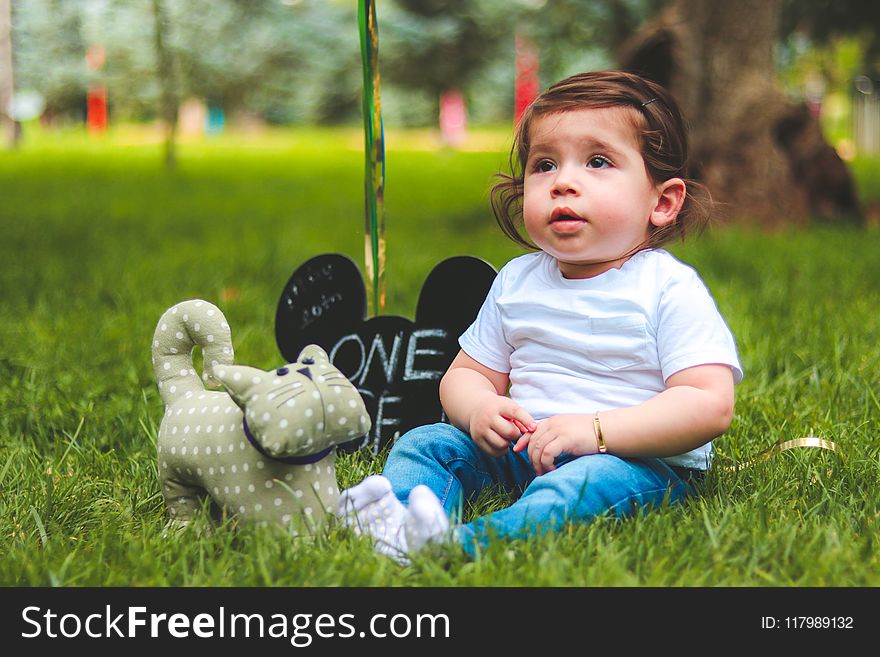 Depth of Field Photography of Baby Sitting on Green Grass
