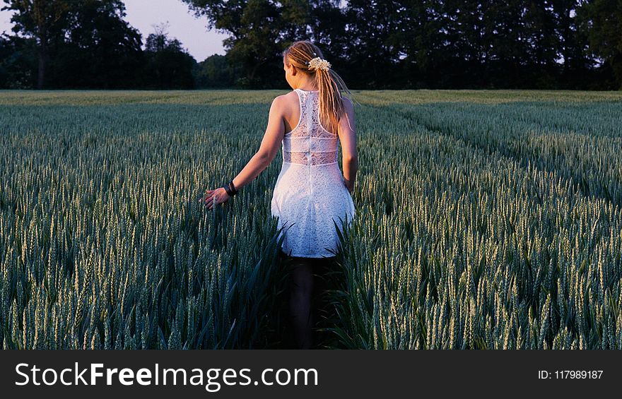 Woman Walking in Between Grass Field at Daytime