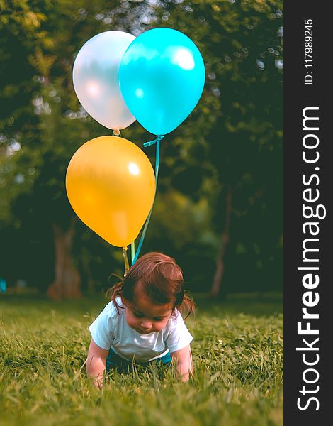 Baby Wearing White T-shirt Holding Three Yellow, Blue, And White Balloons On Green Grass Near Woods