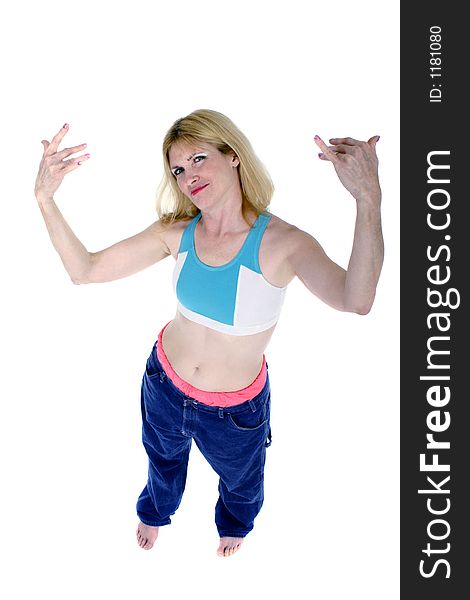 Beautiful Freshly Skinny Blonde Middle Aged Woman Excited about losing weight and inches as shown by her former pair of pants in which she immitates her teenage son. Beautiful Freshly Skinny Blonde Middle Aged Woman Excited about losing weight and inches as shown by her former pair of pants in which she immitates her teenage son.