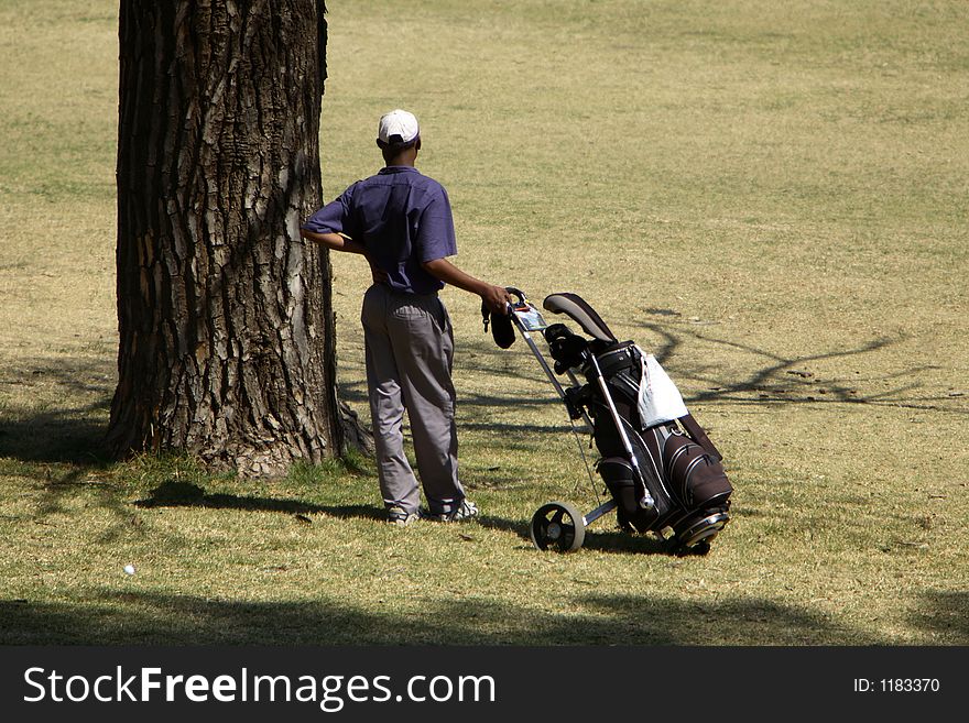 Golfer waiting to play standin next to a tree