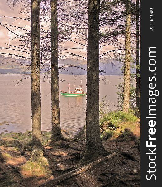 Fishing boat between the trees, near Oban Scotland