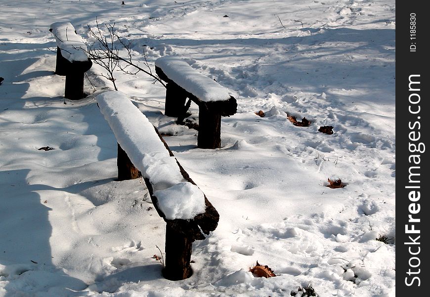 Three benches in a park, during snowy winter in Topcider, Belgrade, waiting for warmer days to come...