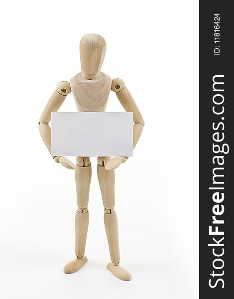 Mannequin holding up blank card isolated in white background. Mannequin holding up blank card isolated in white background