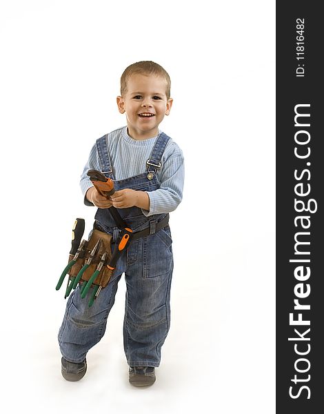 Little boy plays construction worker. Isolated on white. Little boy plays construction worker. Isolated on white