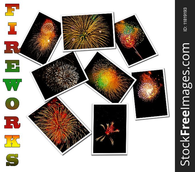 A collage of fireworks photos with text. A collage of fireworks photos with text.