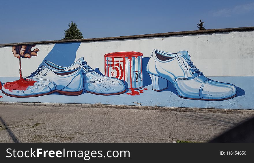 Blue, Footwear, Shoe, Graffiti