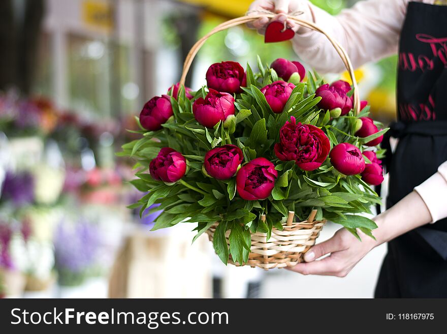 Three dark pink peonies flowers in a vase indoors. Spring flowers. Beautiful peonies in a bouquet. Basket with peonies in the hands of the seller of a flower boutique.