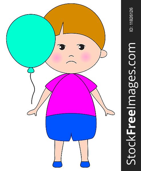 Cartoon character sad baby boy with balloon. Cartoon character sad baby boy with balloon