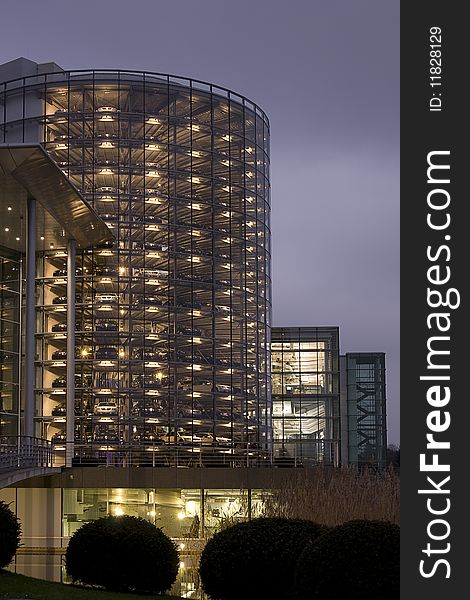 Luxury car factory in Dresden, view onto transparent car tower. Luxury car factory in Dresden, view onto transparent car tower