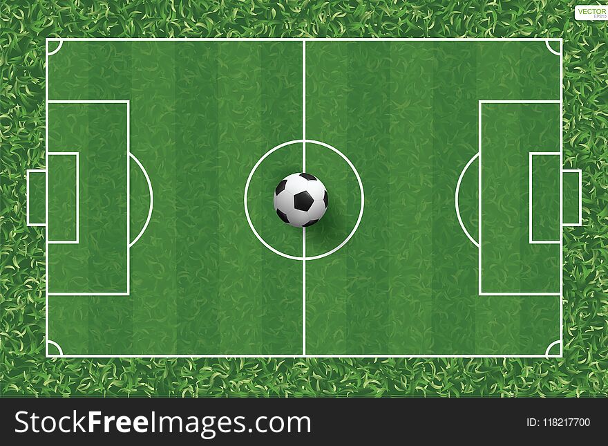 Soccer football ball on green grass of soccer field background. Vector illustration.