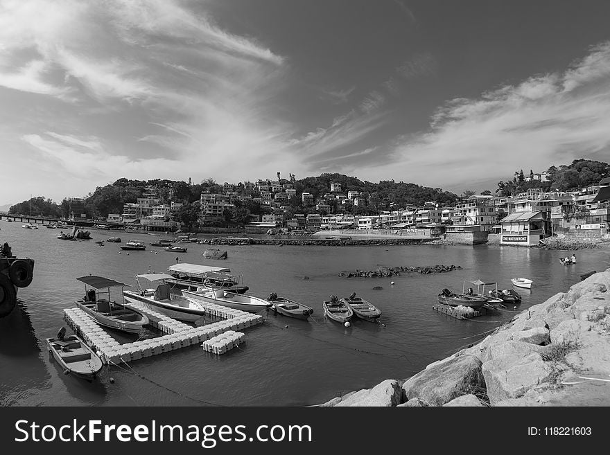 Grayscale Photography of Port Near Houses