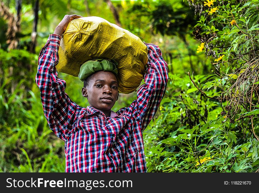 Person Wearing Plaid Shirt Carrying Sack Near Plants