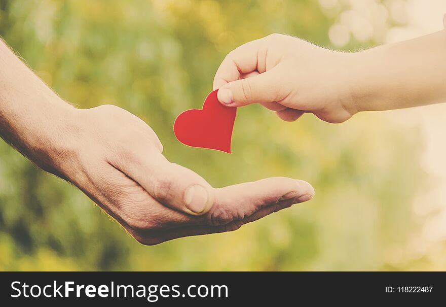 Child and father have a heart in their hands. Selective focus.