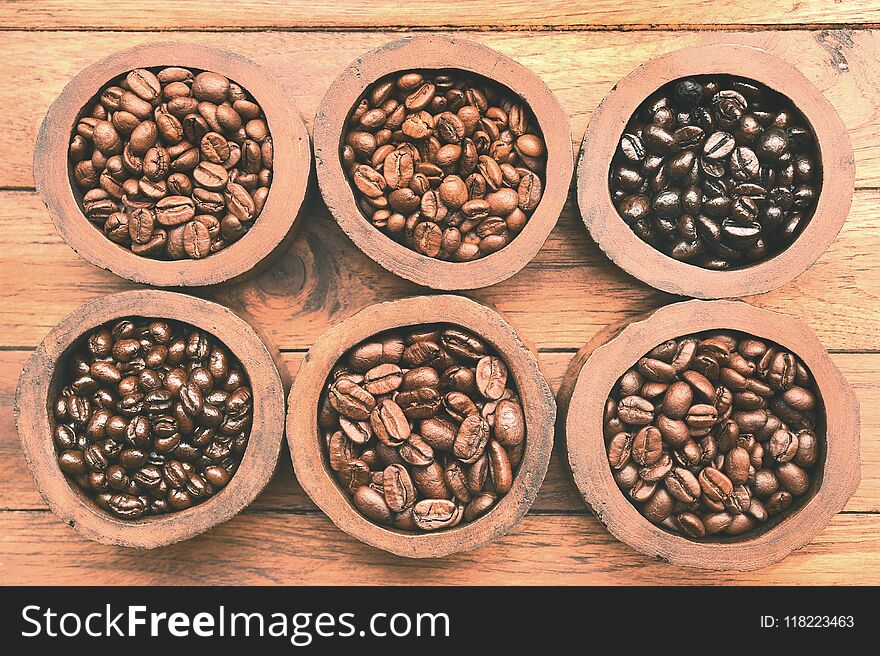 Close up of coffee beans in wooden bowl