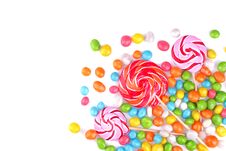 Multicolored Lollipops And Round Candies On A White Background. . Stock Image