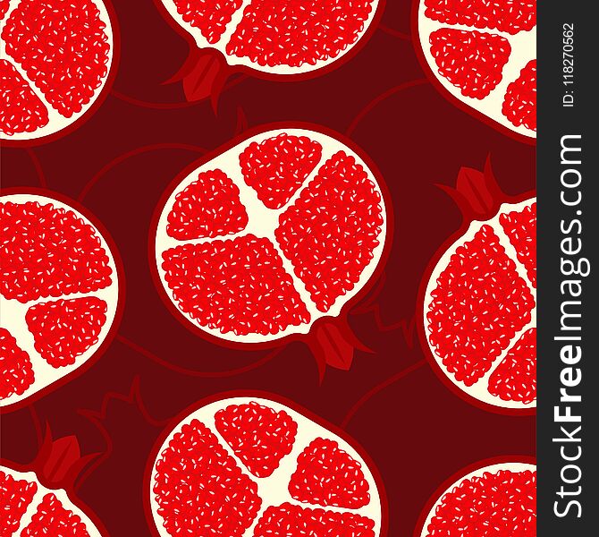 Pomegranate Pattern Seamless. Red Fresh Juicy Fruit Background.