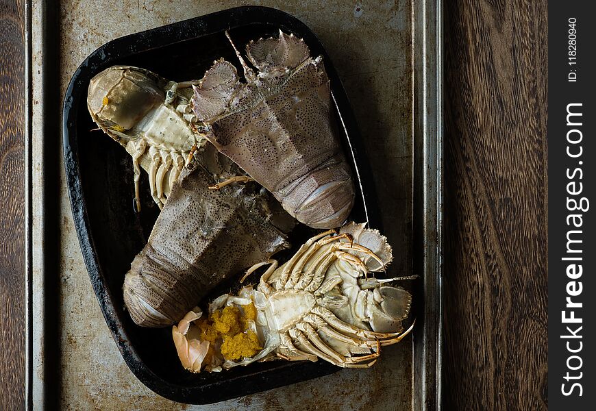 Close up of rustic uncooked moreton bay bugs shellfish