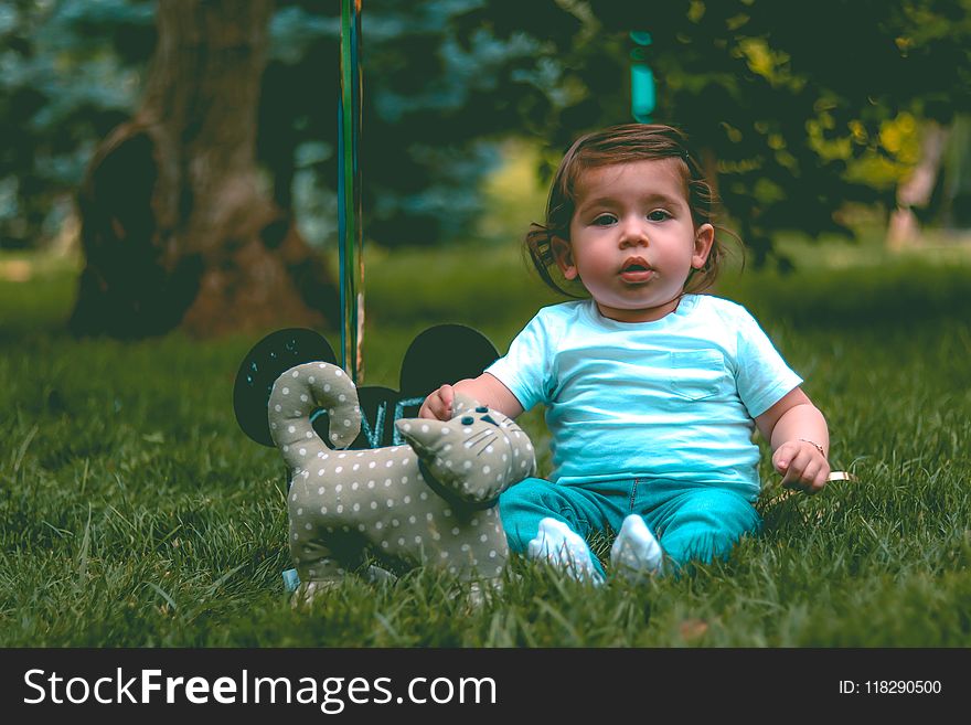 Toddler Wearing Teal T-shirt and Teal Pants Beside Gray Cat Plush Toy