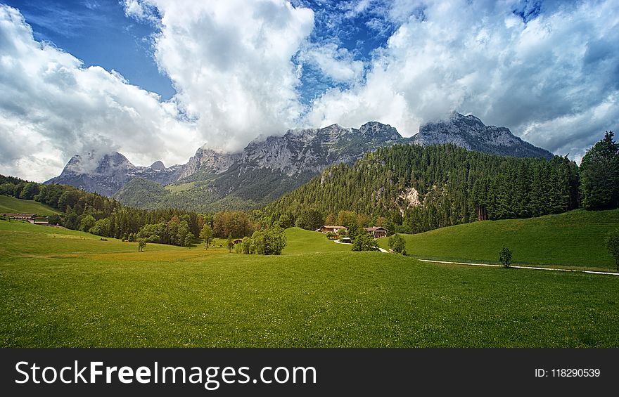 Green Grass Field With Trees And Mountain In Background Under Cloudy Sky