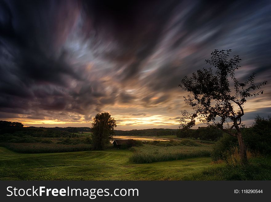 Green Grass Field With Dark Sky