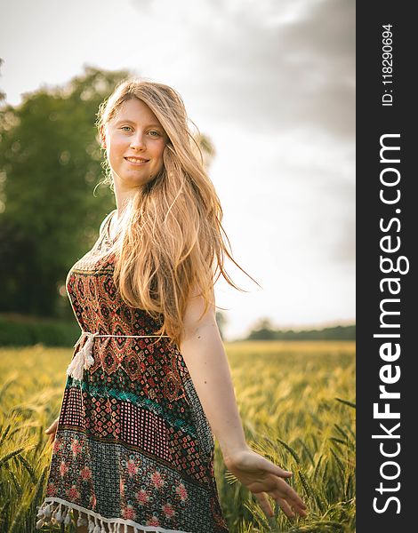 Woman in Brown-and-blue Dress Standing in Wheat Field