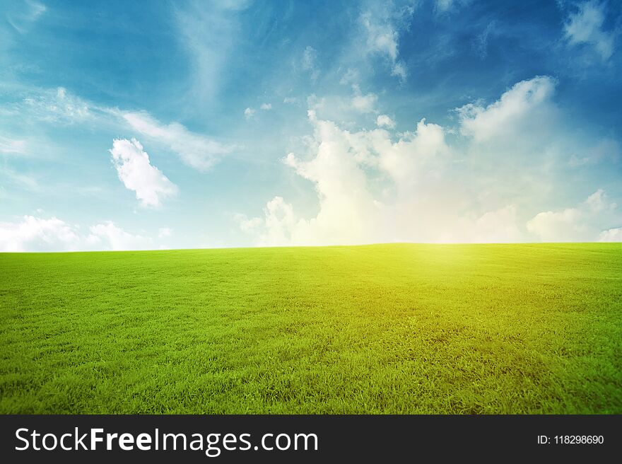 Green Field Under Blue Sky With Cloud Beauty Nature Background