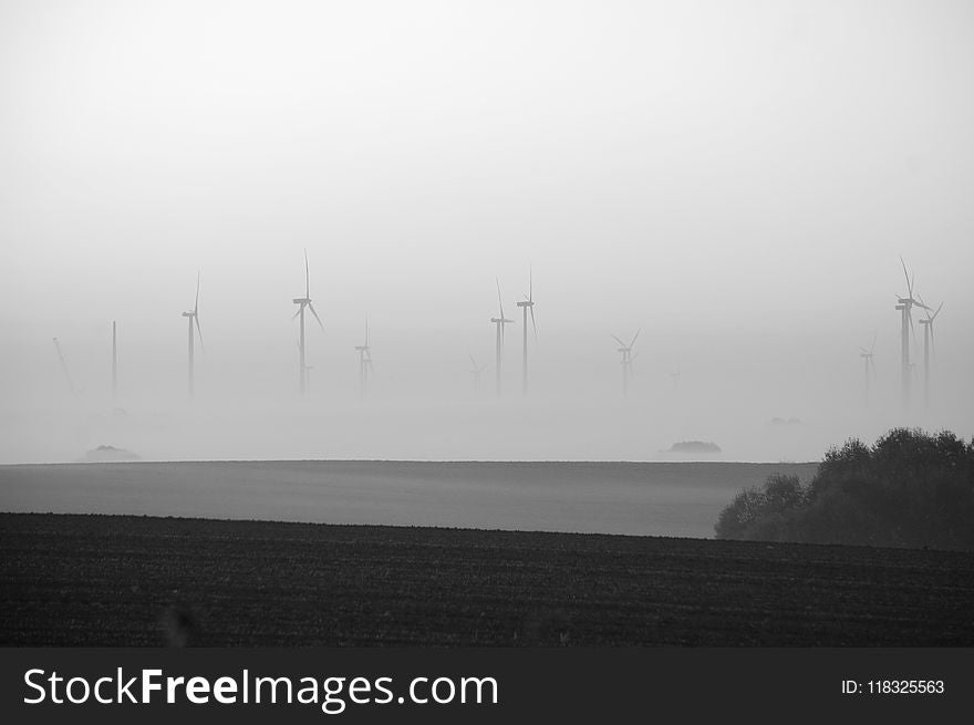 Fog, Wind Farm, Windmill, Black And White