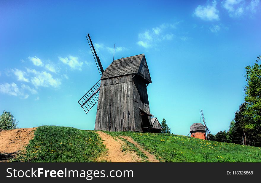 Windmill, Sky, Mill, Grassland