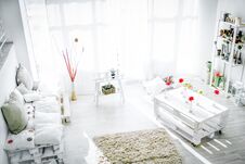Living Home Interior - White And Bright Sunny Living Room Stock Photo